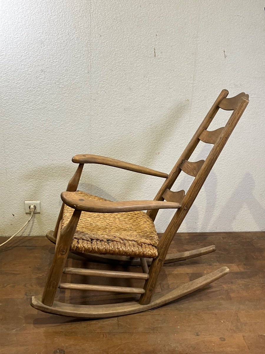 Rocking Chair En Bois Brut Paille Tressée Brutaliste-photo-3