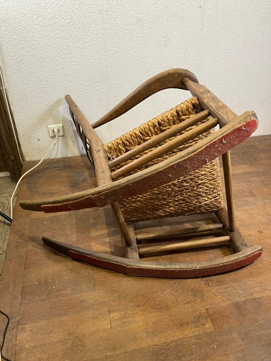 Rocking Chair En Bois Brut Paille Tressée Brutaliste-photo-6