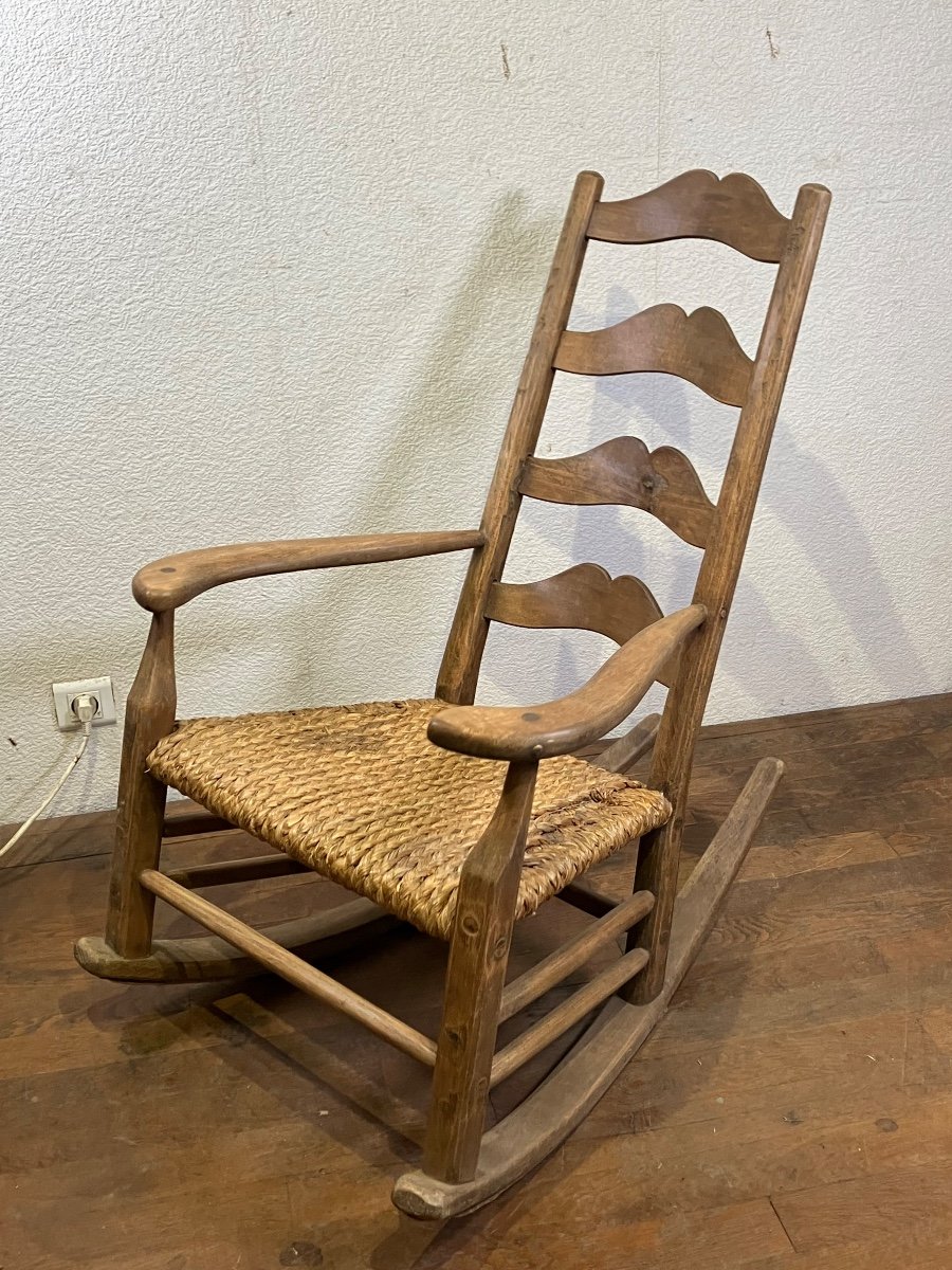 Rocking Chair En Bois Brut Paille Tressée Brutaliste