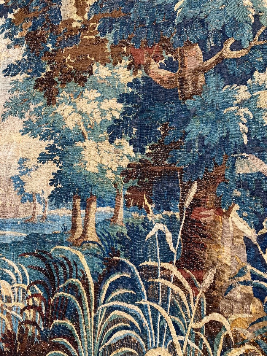 Large Aubusson Tapestry 18th Greenery With Duck In Wool And Silk -photo-3