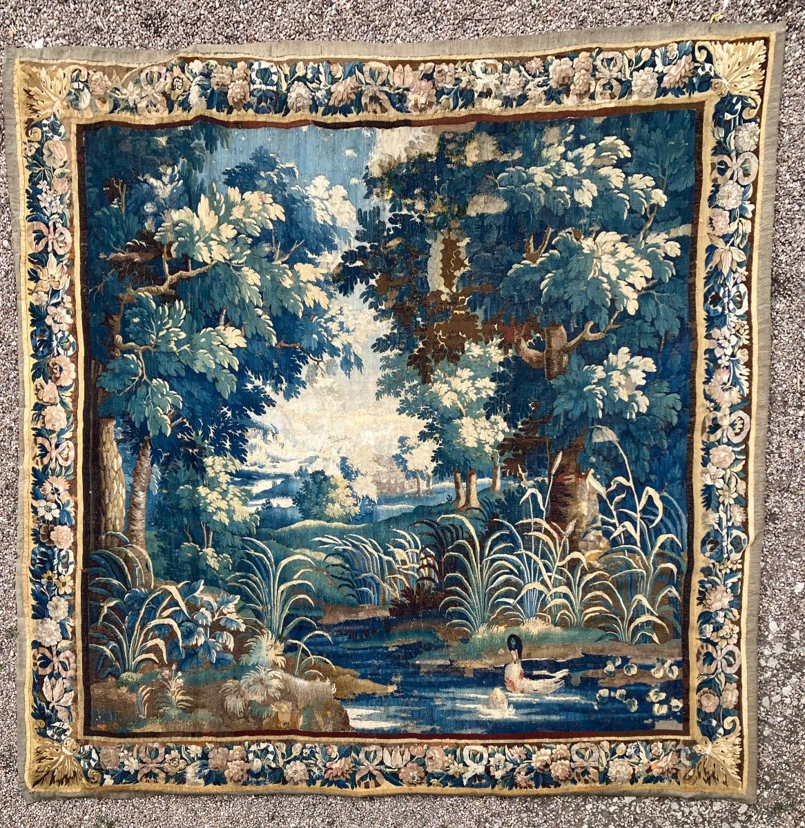 Large Aubusson Tapestry 18th Greenery With Duck In Wool And Silk 