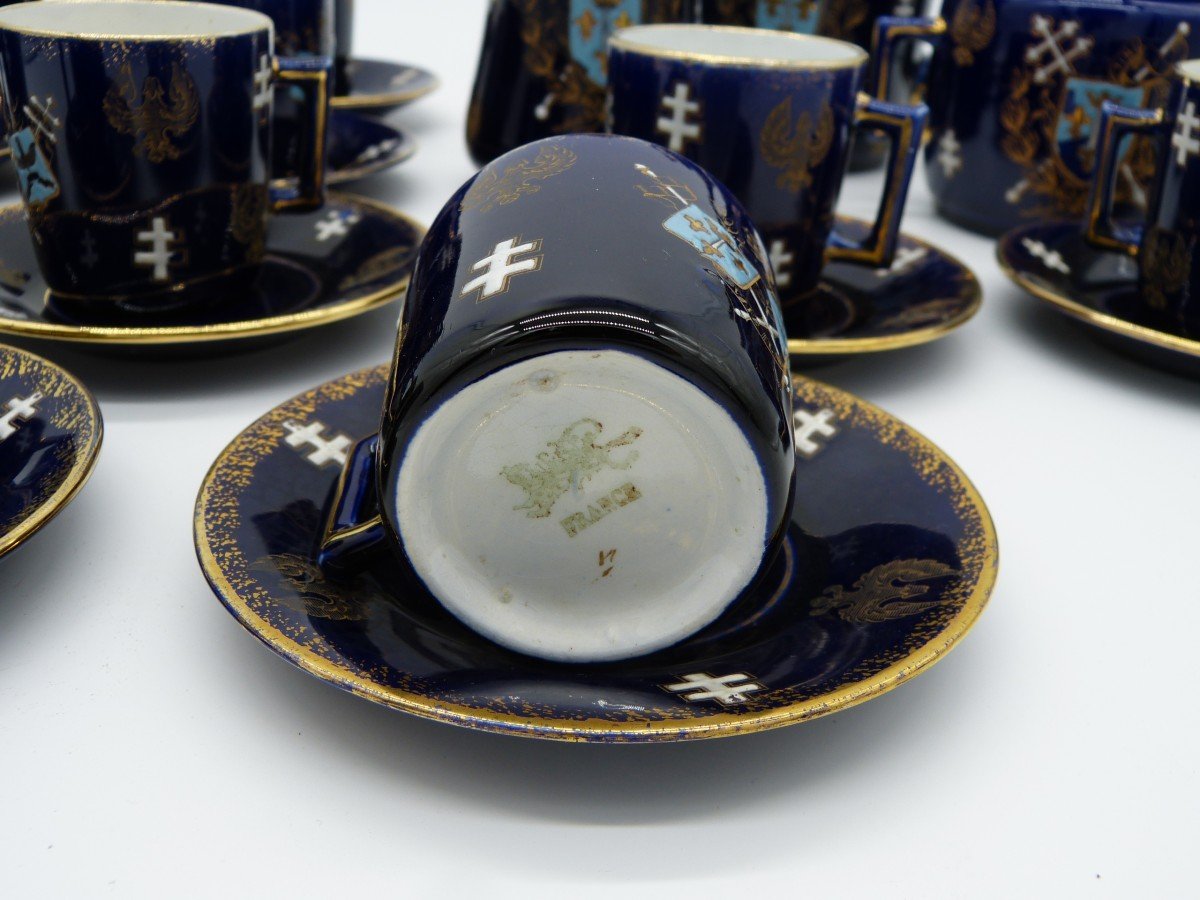 Service à Café Faïence Luneville Kg Armes De Jeanne d'Arc Blason Bleu De Sèvres 10 Tasses-photo-4