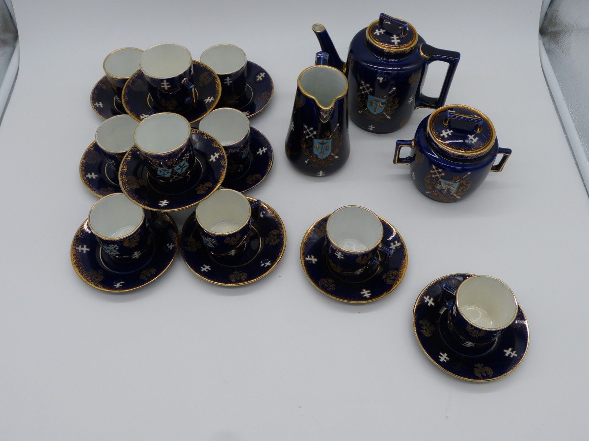 Luneville Earthenware Coffee Service Kg Arms Of Joan Of Arc Blue Coat Of Arms Of Sèvres 10 Cups-photo-1