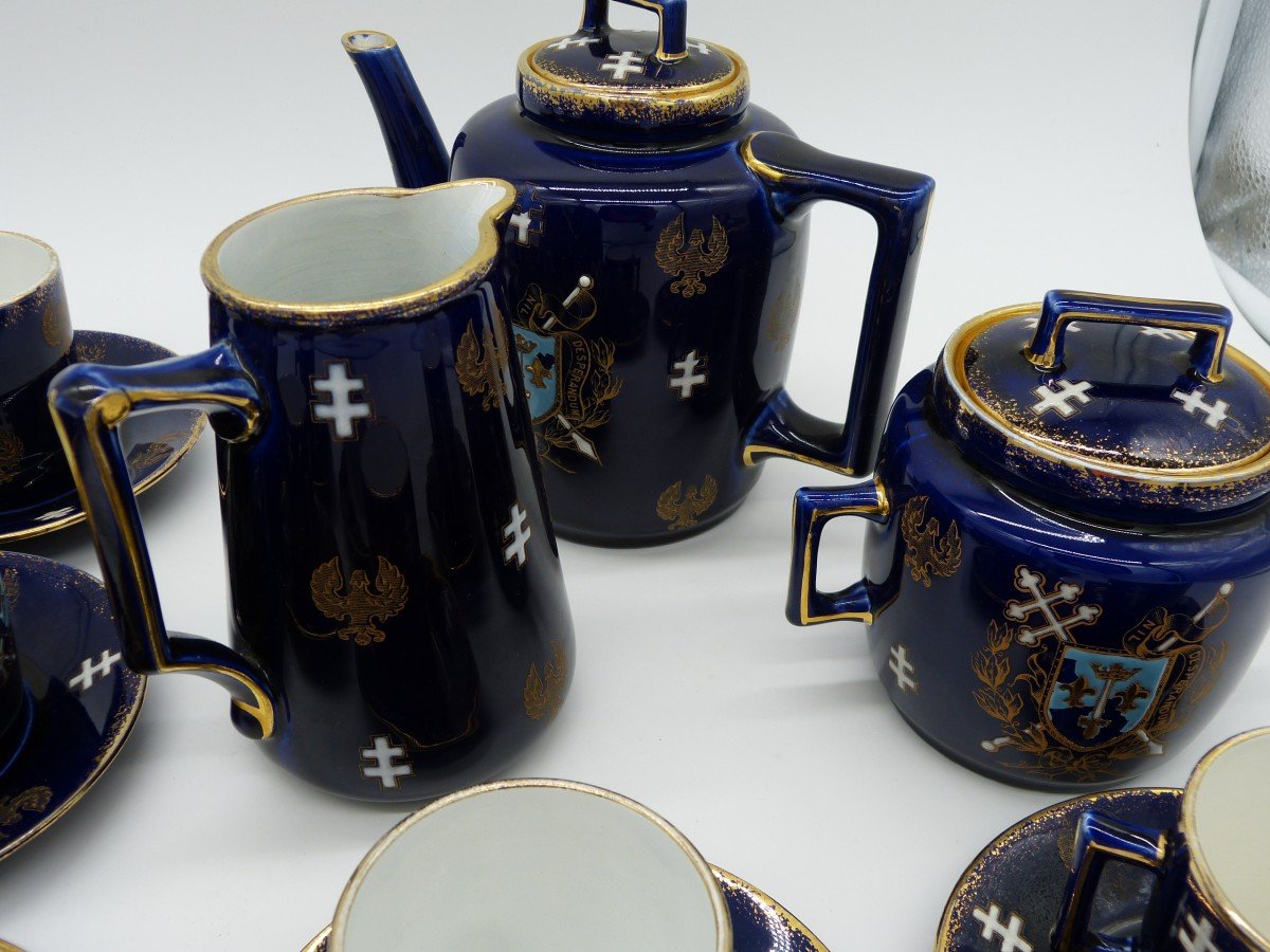 Service à Café Faïence Luneville Kg Armes De Jeanne d'Arc Blason Bleu De Sèvres 10 Tasses-photo-2