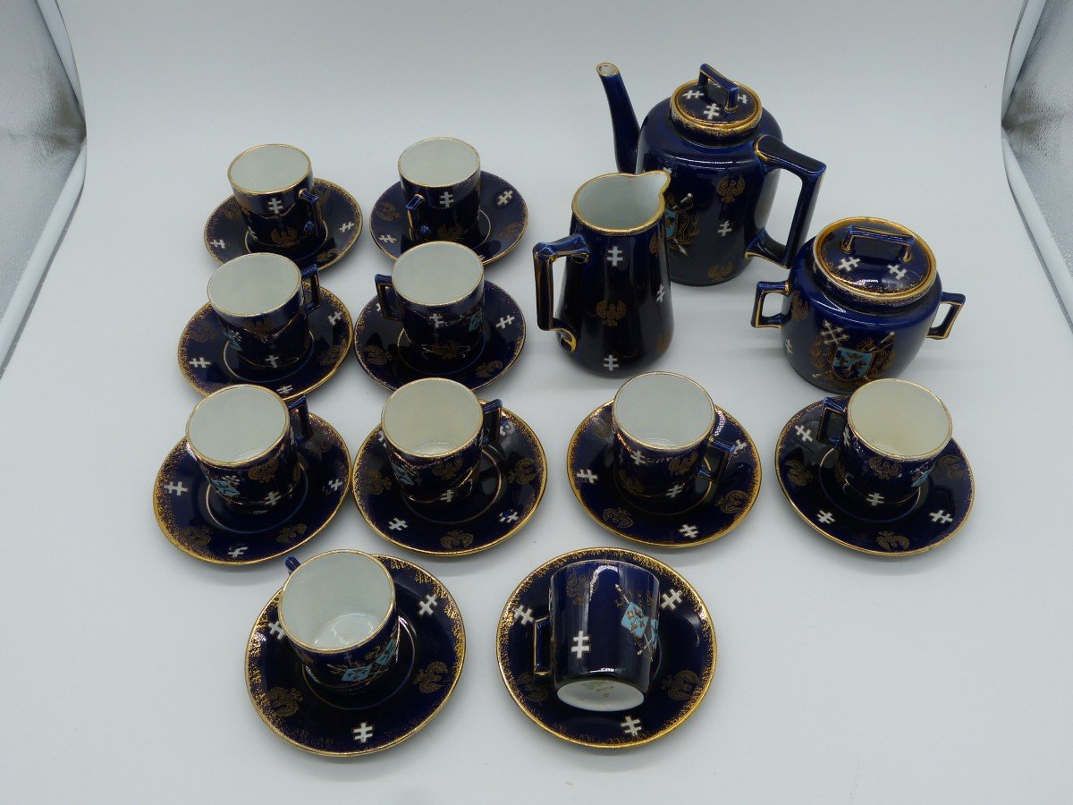 Luneville Earthenware Coffee Service Kg Arms Of Joan Of Arc Blue Coat Of Arms Of Sèvres 10 Cups-photo-3