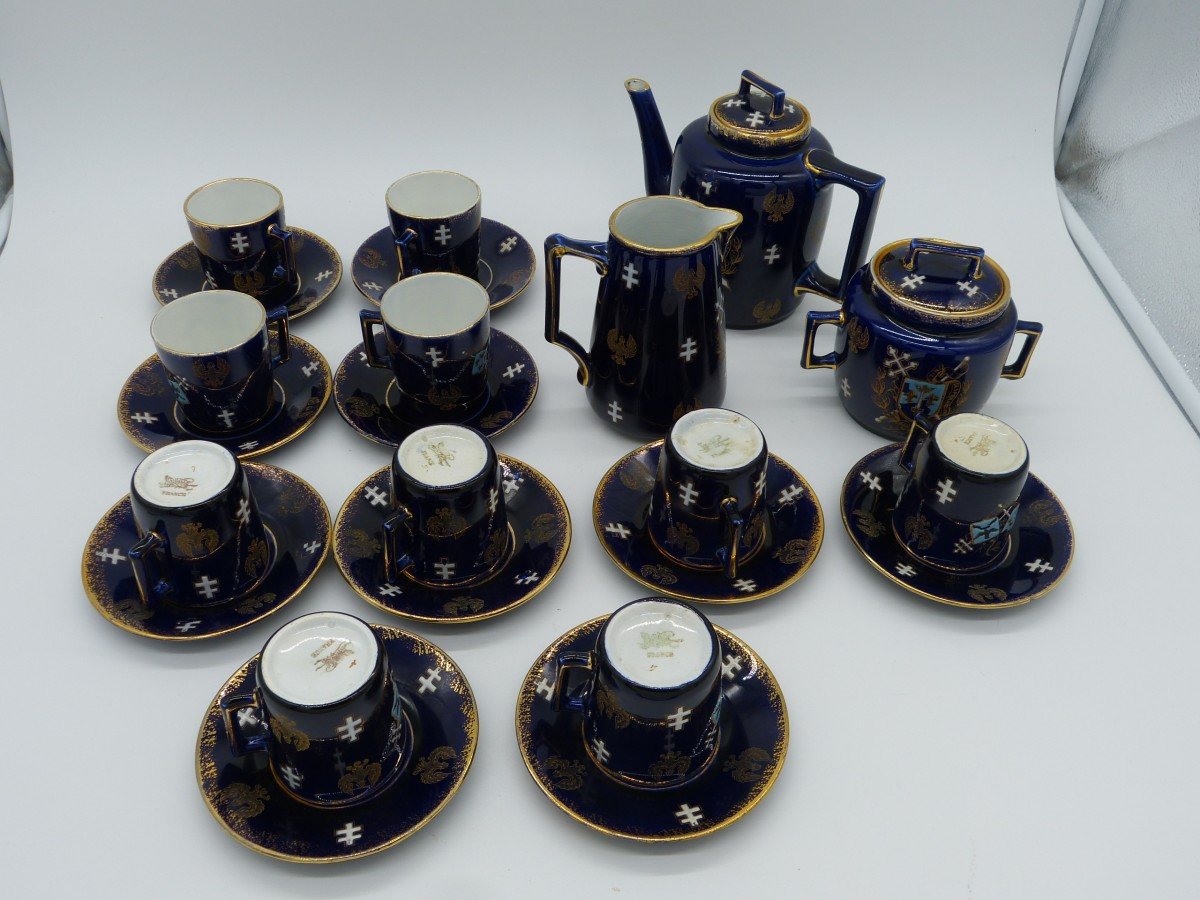 Luneville Earthenware Coffee Service Kg Arms Of Joan Of Arc Blue Coat Of Arms Of Sèvres 10 Cups-photo-5