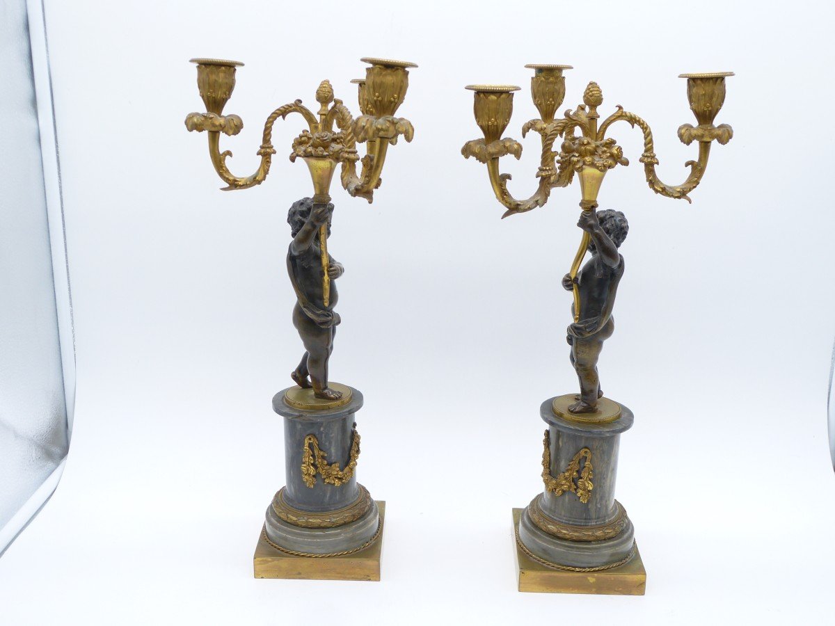 Pair Of Louis XVI Period Candelabra In Bronze And Gilt Bronze Turquin Blue Marble Bases-photo-3