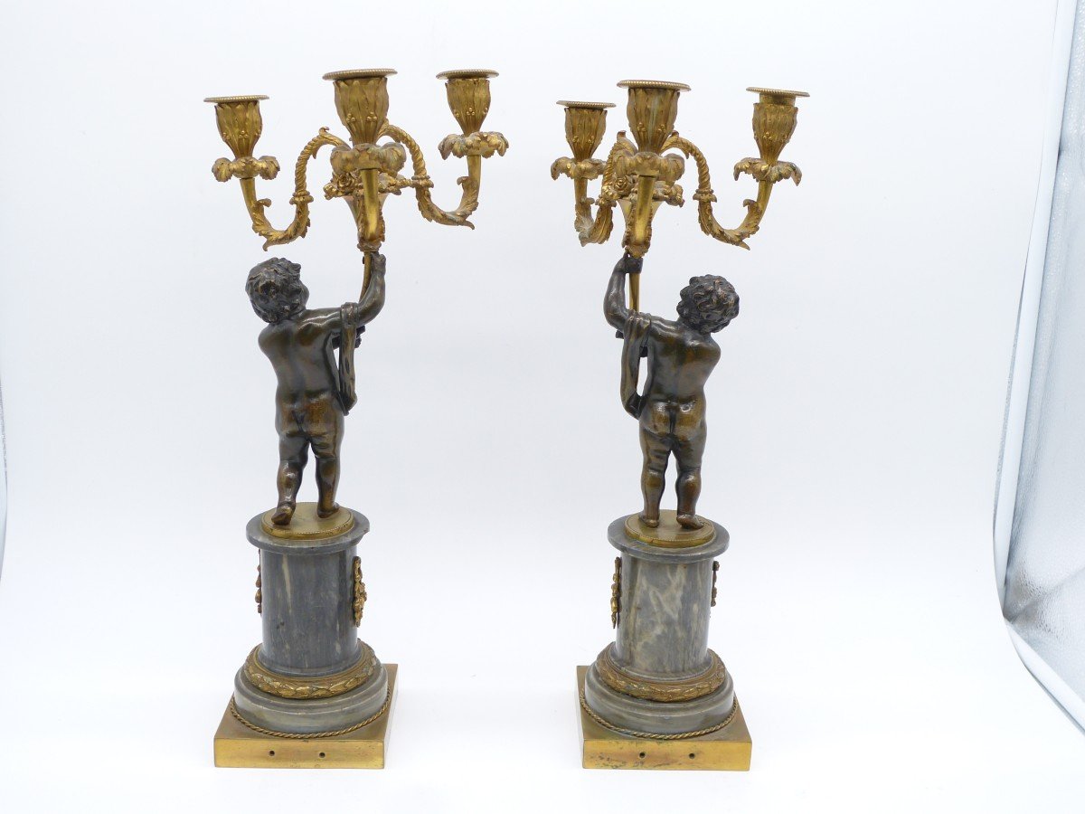 Pair Of Louis XVI Period Candelabra In Bronze And Gilt Bronze Turquin Blue Marble Bases-photo-4