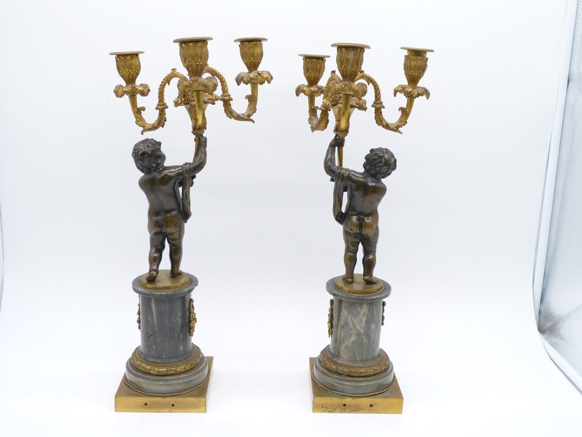 Pair Of Louis XVI Period Candelabra In Bronze And Gilt Bronze Turquin Blue Marble Bases-photo-4
