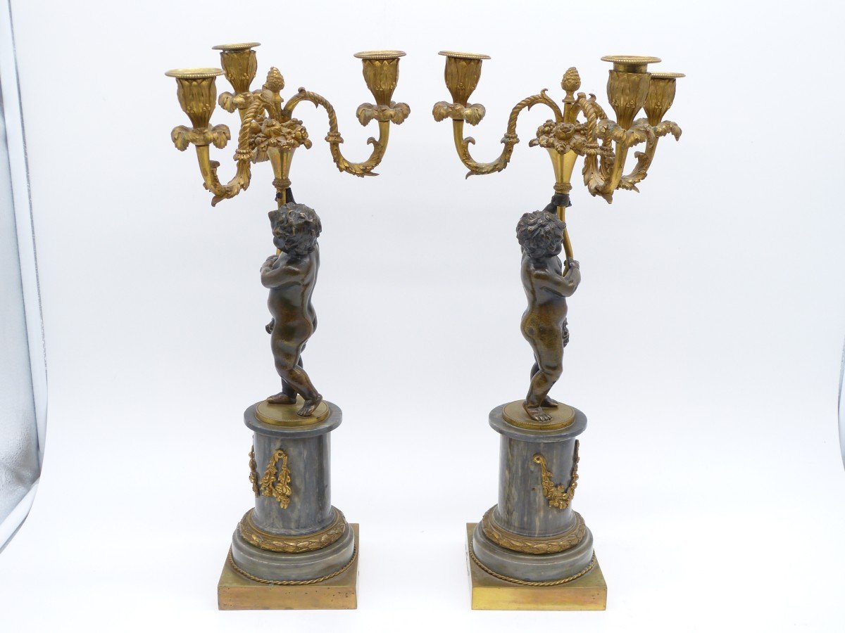 Pair Of Louis XVI Period Candelabra In Bronze And Gilt Bronze Turquin Blue Marble Bases-photo-1