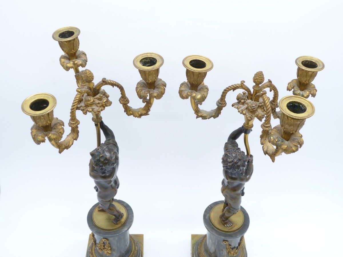 Pair Of Louis XVI Period Candelabra In Bronze And Gilt Bronze Turquin Blue Marble Bases-photo-2