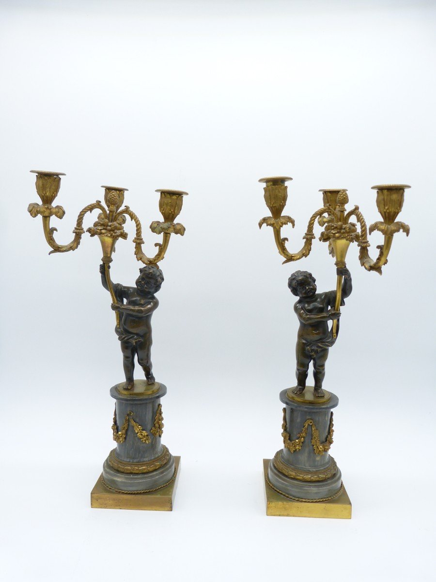 Pair Of Louis XVI Period Candelabra In Bronze And Gilt Bronze Turquin Blue Marble Bases