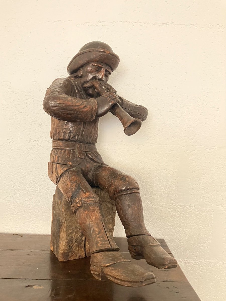 Breton Character Musician Figurehead 19th Century. Oak Sculpture Statue