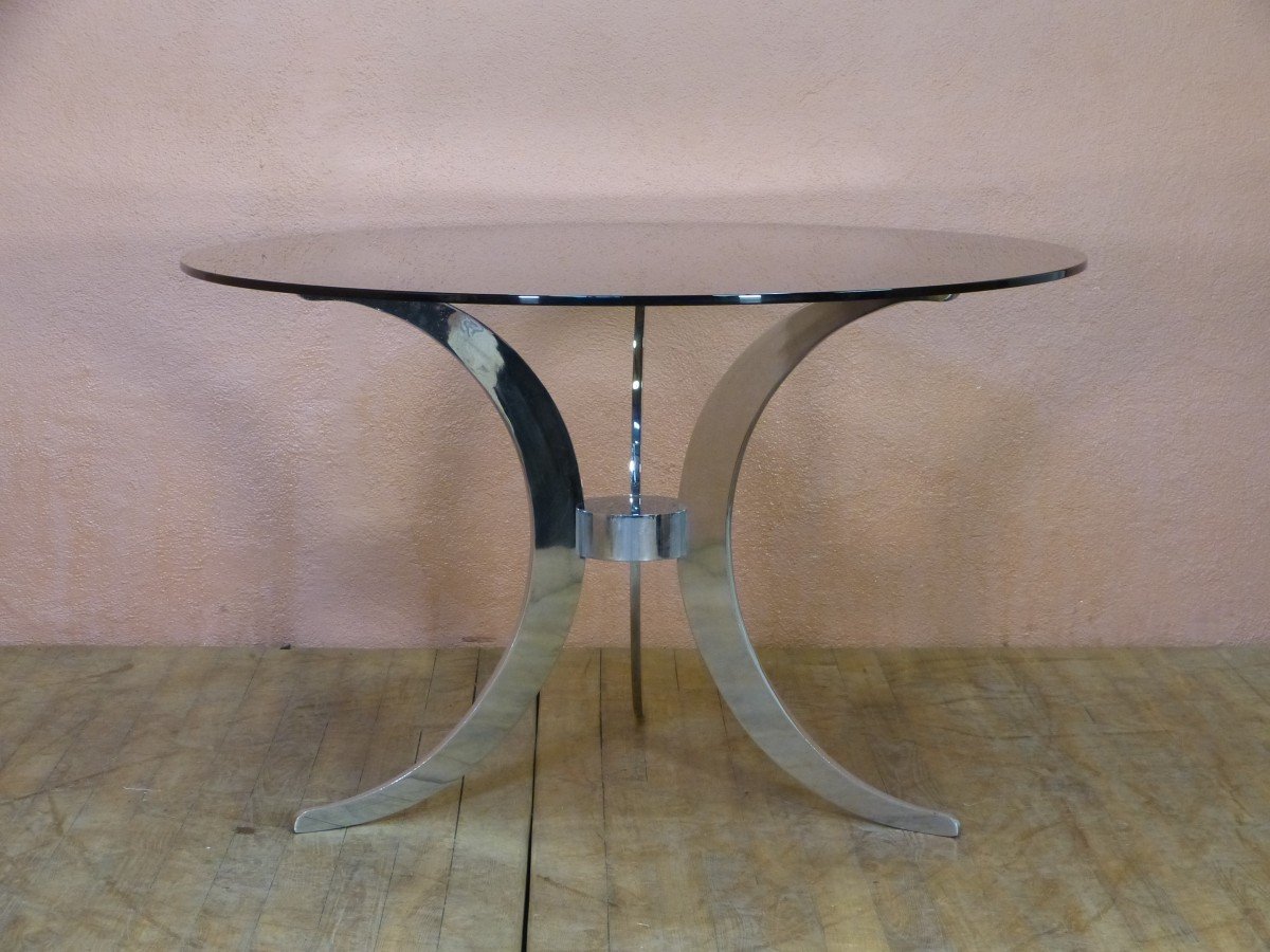 Gastone Rinaldi Round Table Design Chrome Leg Smoked Glass Top Diameter 120 Cm Circa 1970-photo-3