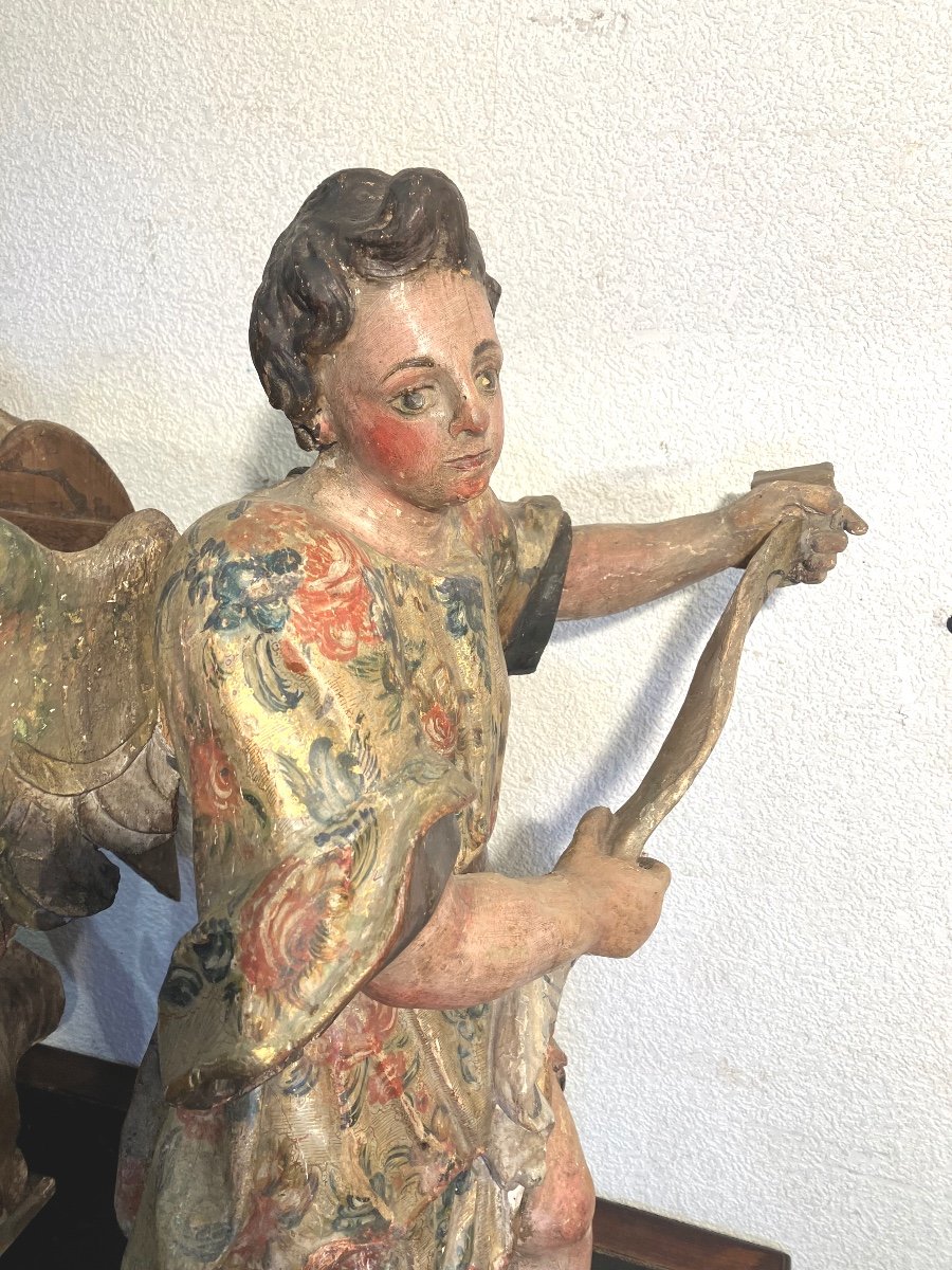 Important Pair Of Angels In Polychrome And Gilded Wood, 18th Century-photo-5