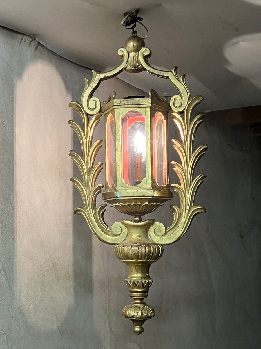 Large 19th Century Gilded Wooden Lantern 1 Meter -photo-2