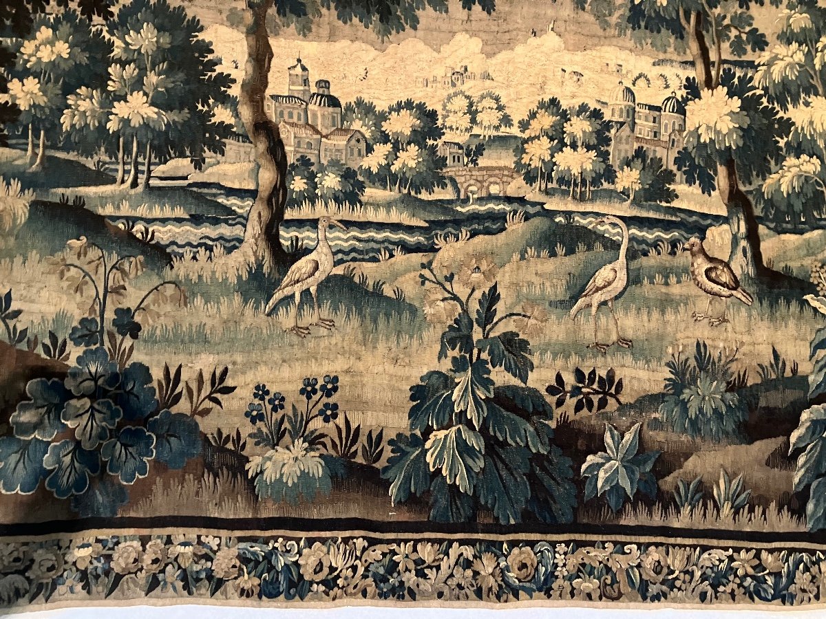 Très Grande Tapisserie Aubusson 18 Eme Château Volatiles paysage Verdure 480 X 275 Cm-photo-4