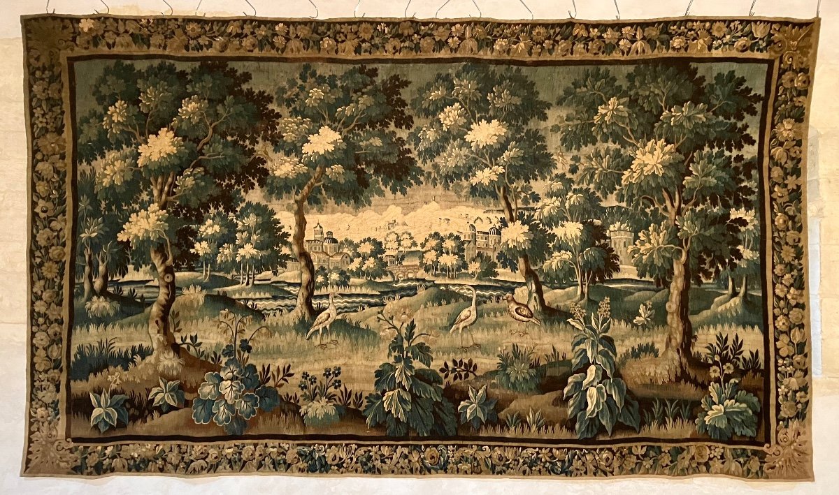 Très Grande Tapisserie Aubusson 18 Eme Château Volatiles paysage Verdure 480 X 275 Cm