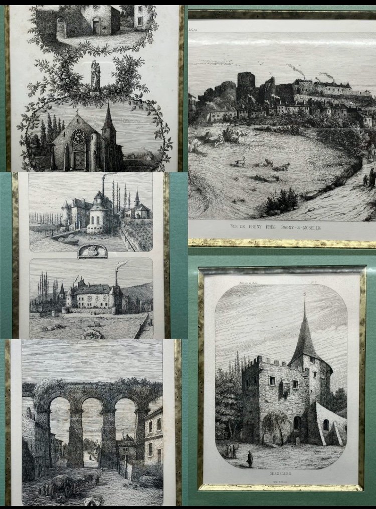 Série De 5 Gravures Encadrées Vues Des Environs De Metz