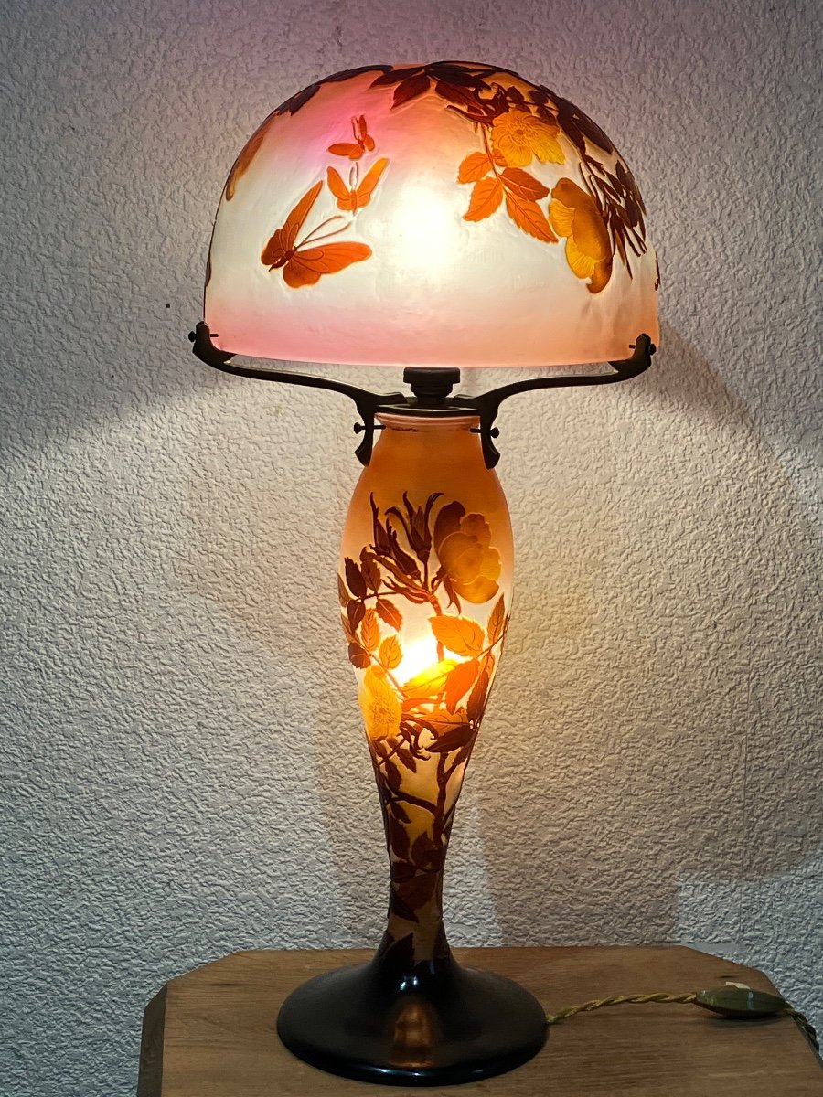 émile Gallé Art Nouveau Mushroom Lamp Flight Of Butterflies And Rose Bushes In Bloom -photo-4