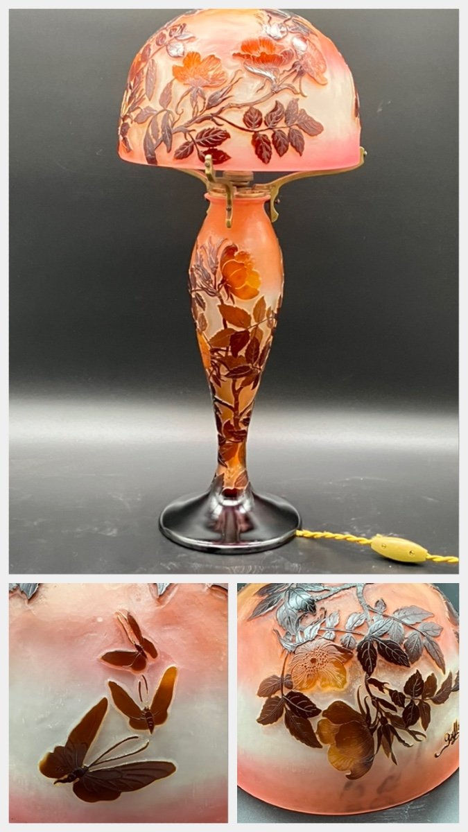 émile Gallé Art Nouveau Mushroom Lamp Flight Of Butterflies And Rose Bushes In Bloom 