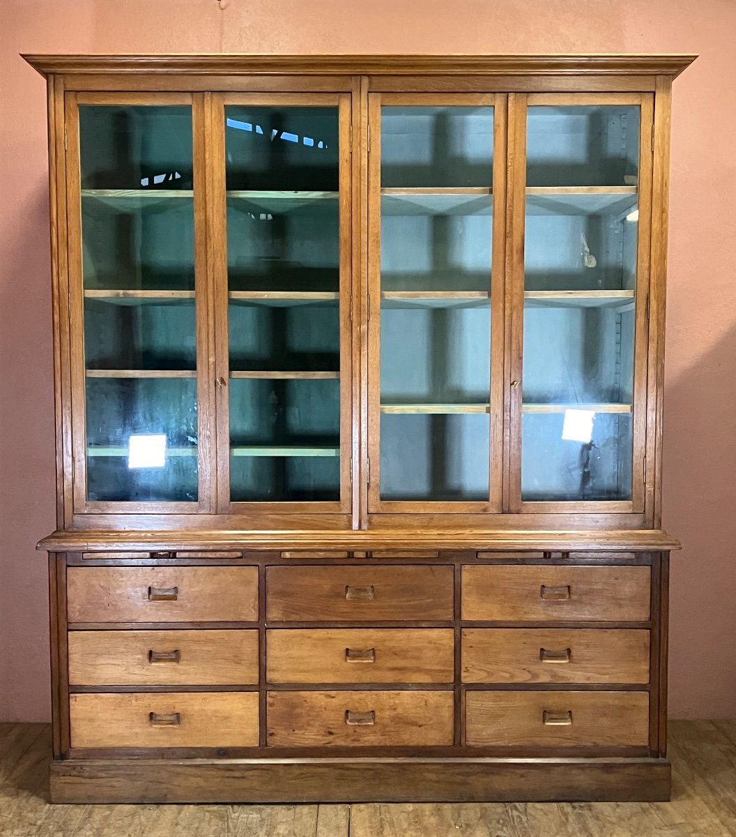Large Oak Craft Cabinet With Drawers And Glass Doors 