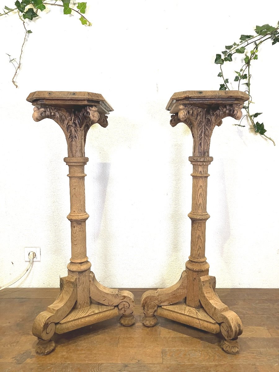 Pair Of Neo-gothic Sideboards In Raw Oak, 19th Century -photo-2