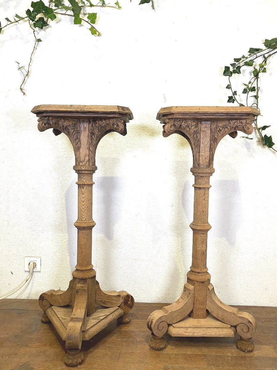 Pair Of Neo-gothic Sideboards In Raw Oak, 19th Century -photo-3
