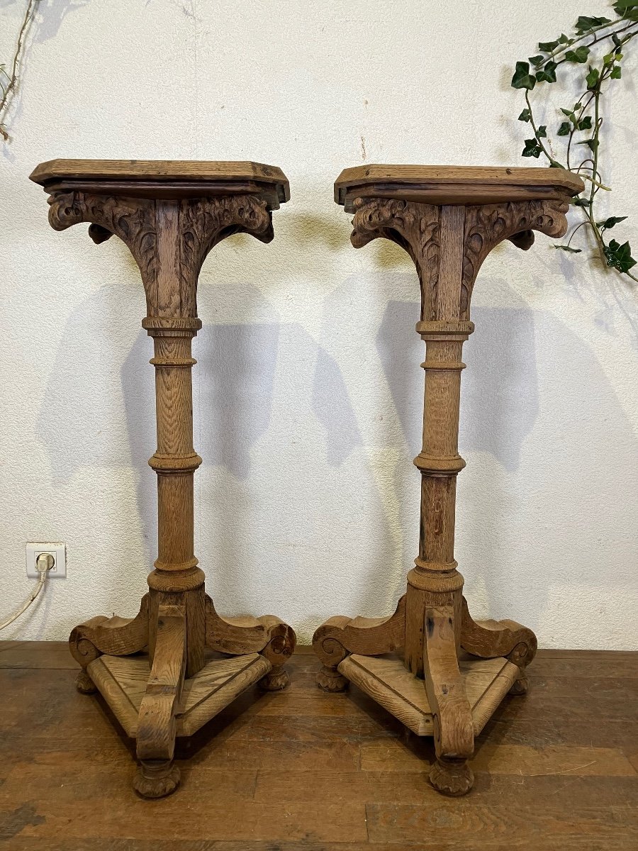 Pair Of Neo-gothic Sideboards In Raw Oak, 19th Century -photo-8