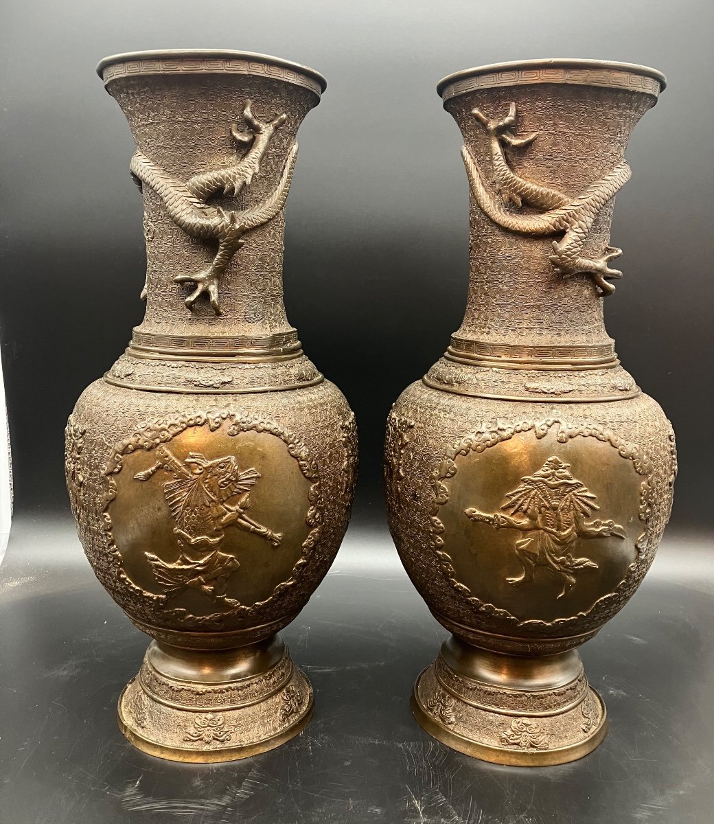 Pair Of Large Indochinese Bronze Vases With Fantastic Animals Dragons -photo-2