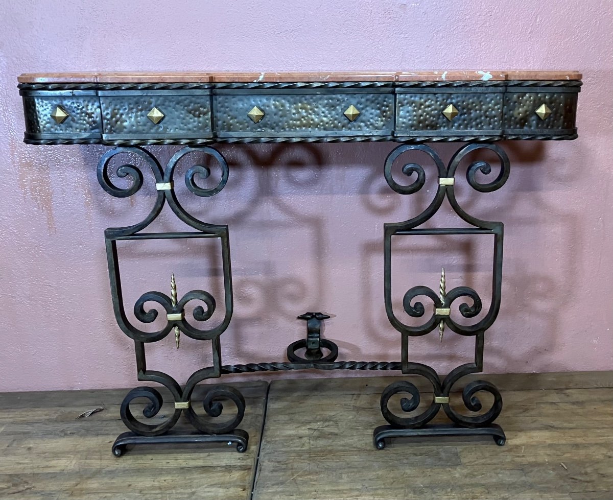 50s Wrought Iron Console Marble Top Dlg Poillerat -photo-3