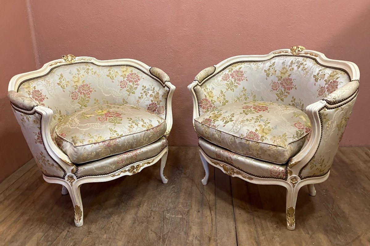 Pair Of Louis XV Style Bergère Gilded And Lacquered Wood Canopies
