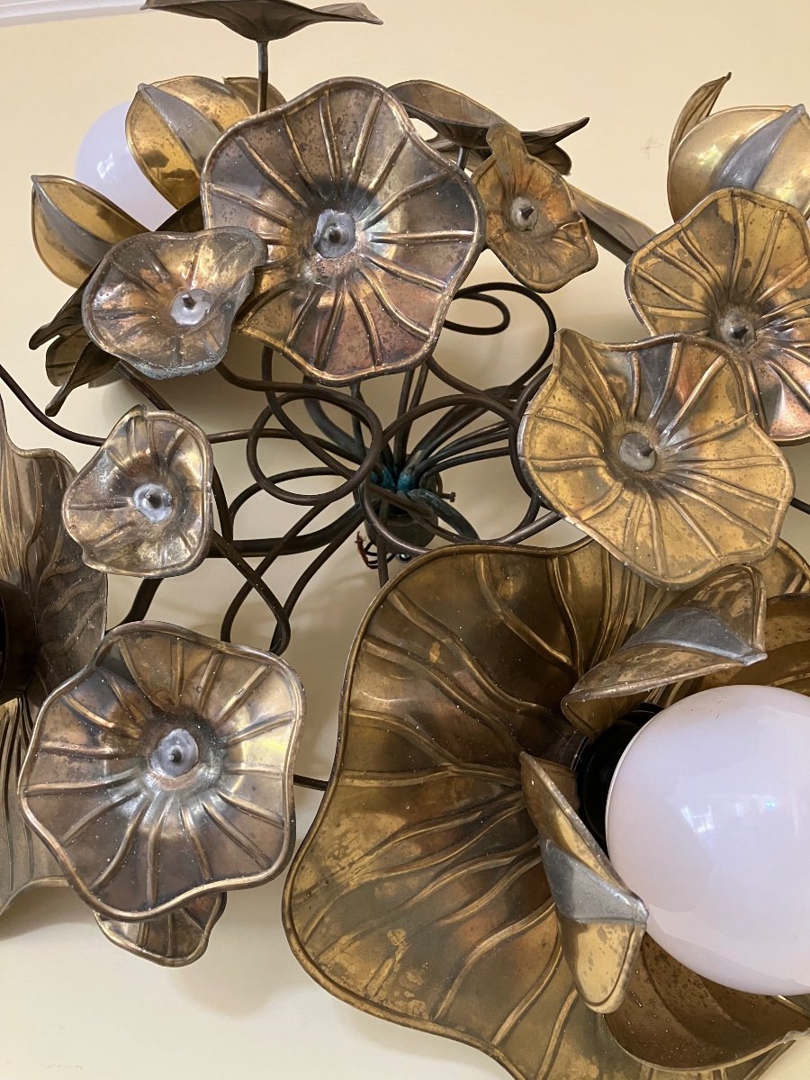 Maison Jansen Paire De Plafonniers Ou Appliques Fleurs à 4 Lumières Lustres Feuillage Laiton -photo-4