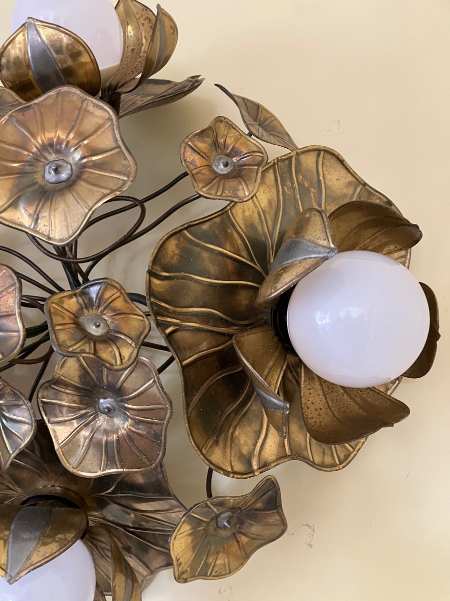 Maison Jansen Paire De Plafonniers Ou Appliques Fleurs à 4 Lumières Lustres Feuillage Laiton -photo-3