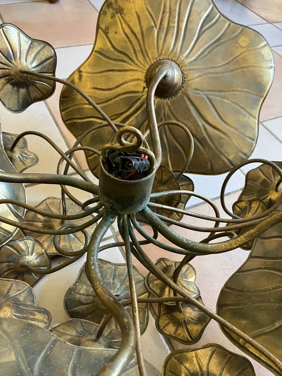 Maison Jansen Paire De Plafonniers Ou Appliques Fleurs à 4 Lumières Lustres Feuillage Laiton -photo-8