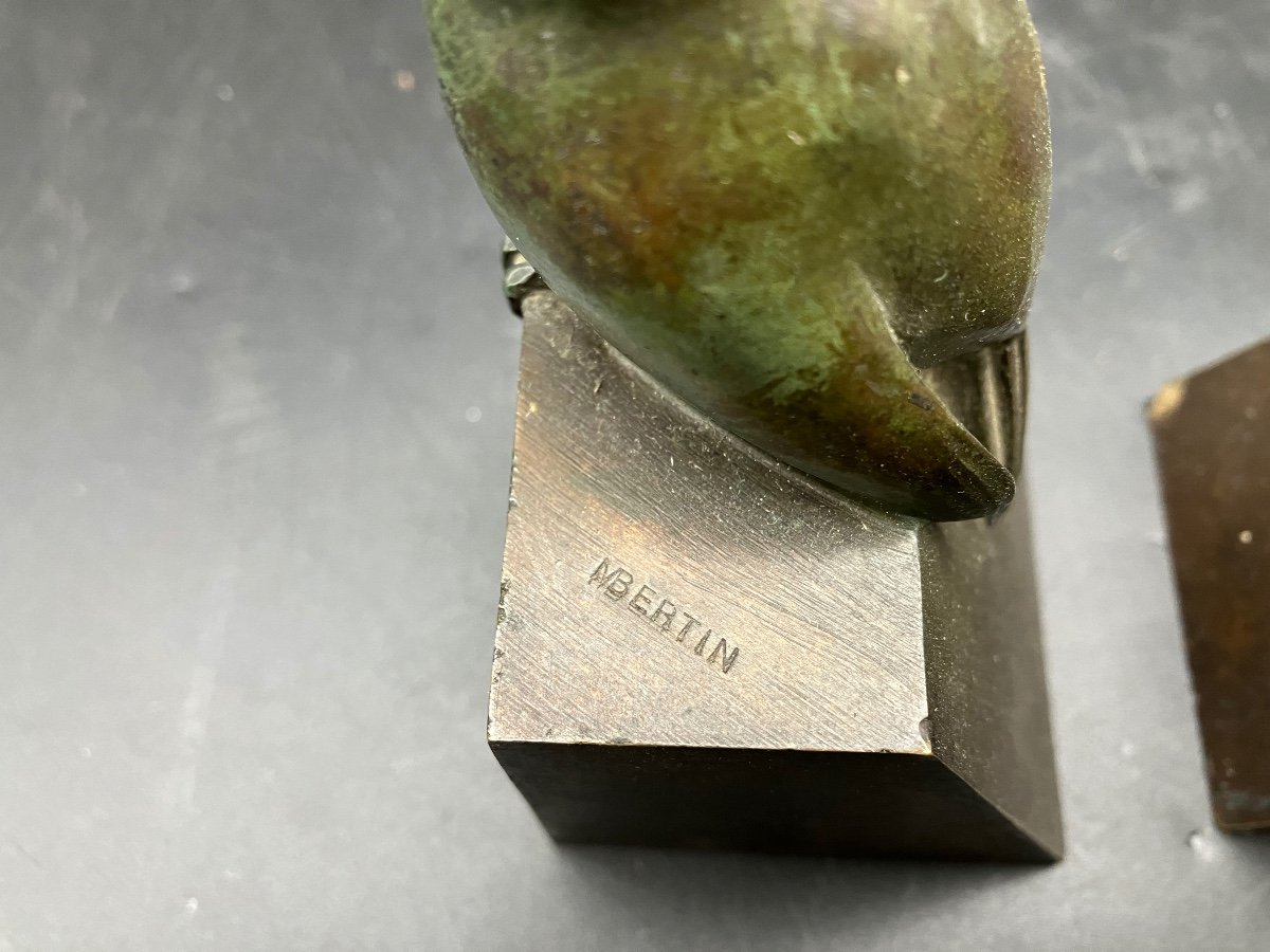 M Bertin Pair Of Art Deco Bronze Bookends Sparrows Birds -photo-2