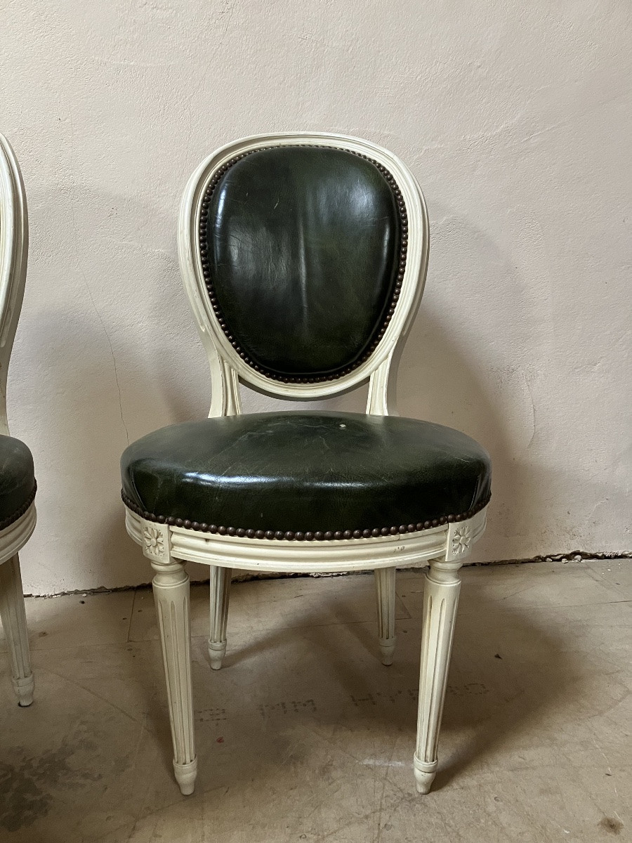 Set Of 6 Louis XVI Style Chairs In Lacquered Wood And Leather -photo-1