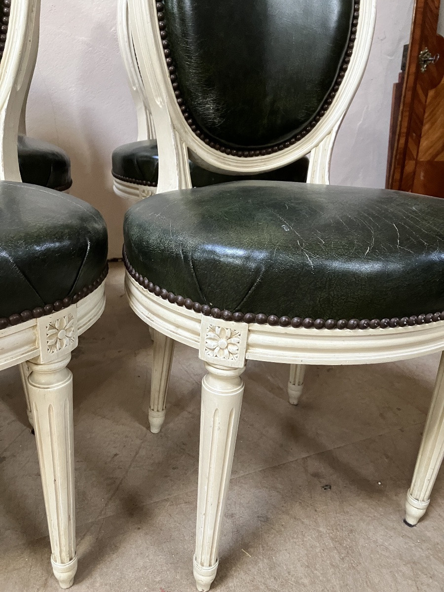 Set Of 6 Louis XVI Style Chairs In Lacquered Wood And Leather -photo-3