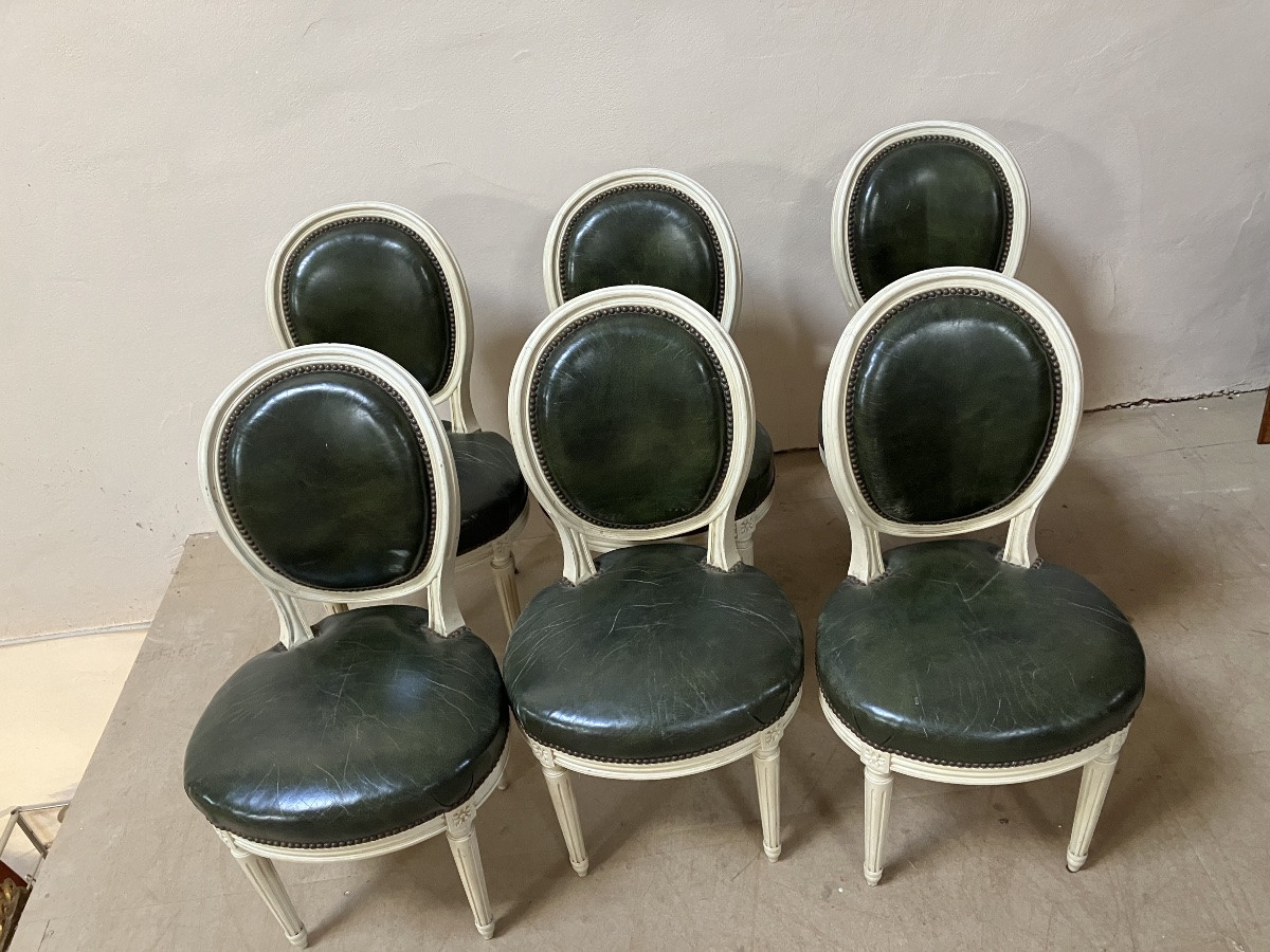 Set Of 6 Louis XVI Style Chairs In Lacquered Wood And Leather -photo-4