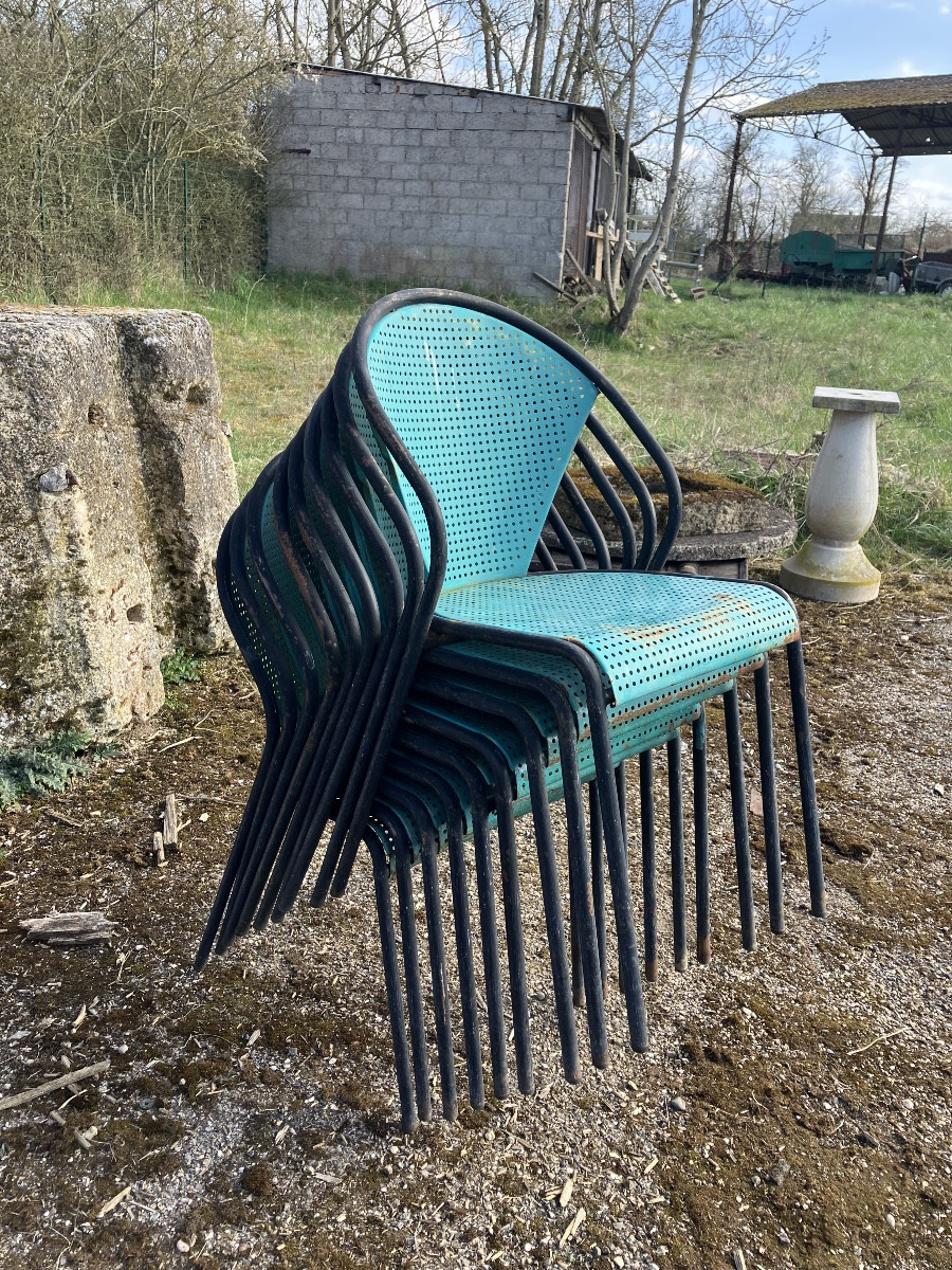 Set Of 9 Stackable 20th Century Metal Chairs-photo-5