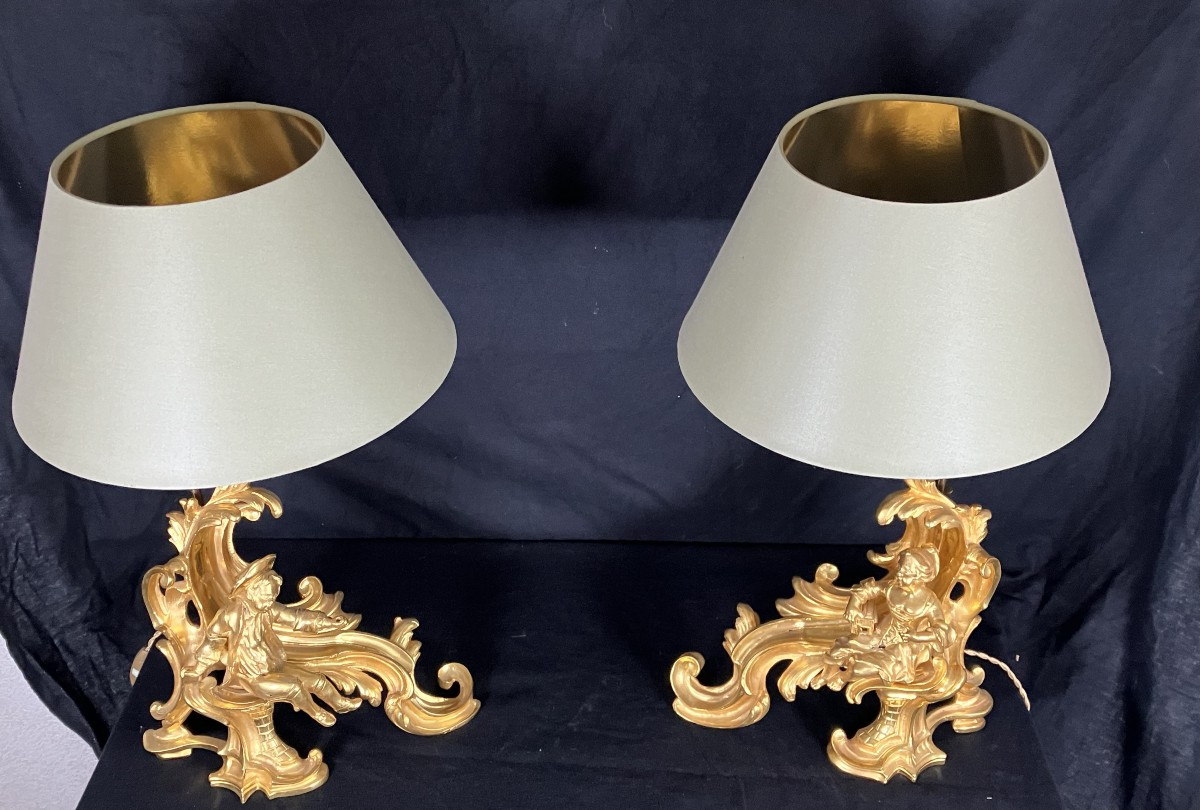 Pair Of 19th Century Gilt Bronze Lamps Louis XV Style Andirons Couple Of Figures-photo-4