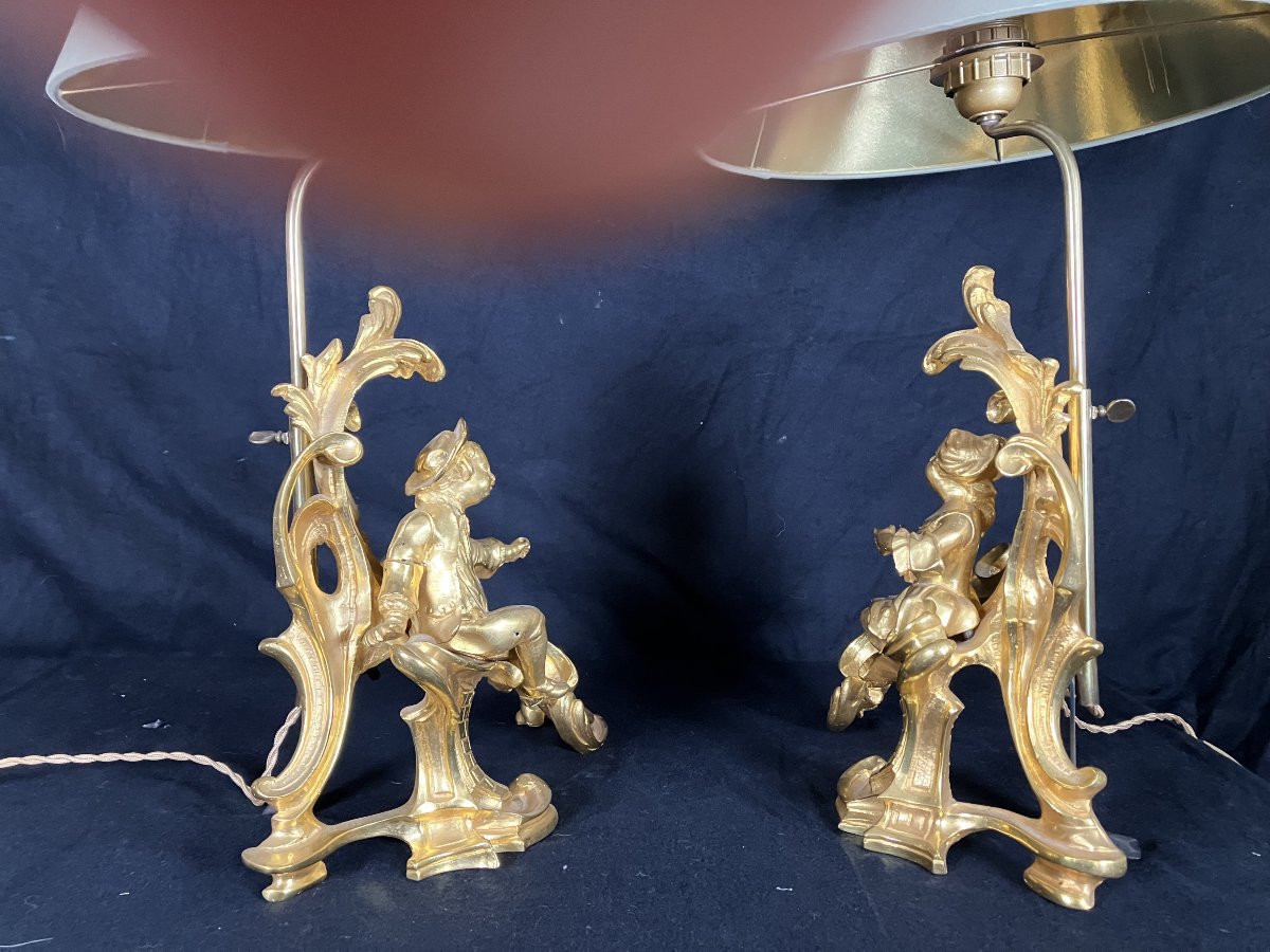 Pair Of 19th Century Gilt Bronze Lamps Louis XV Style Andirons Couple Of Figures-photo-6