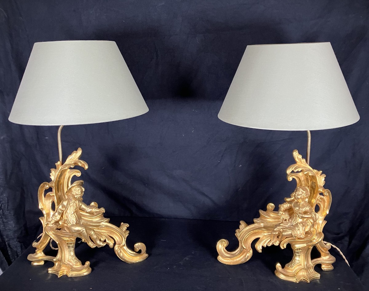 Pair Of 19th Century Gilt Bronze Lamps Louis XV Style Andirons Couple Of Figures