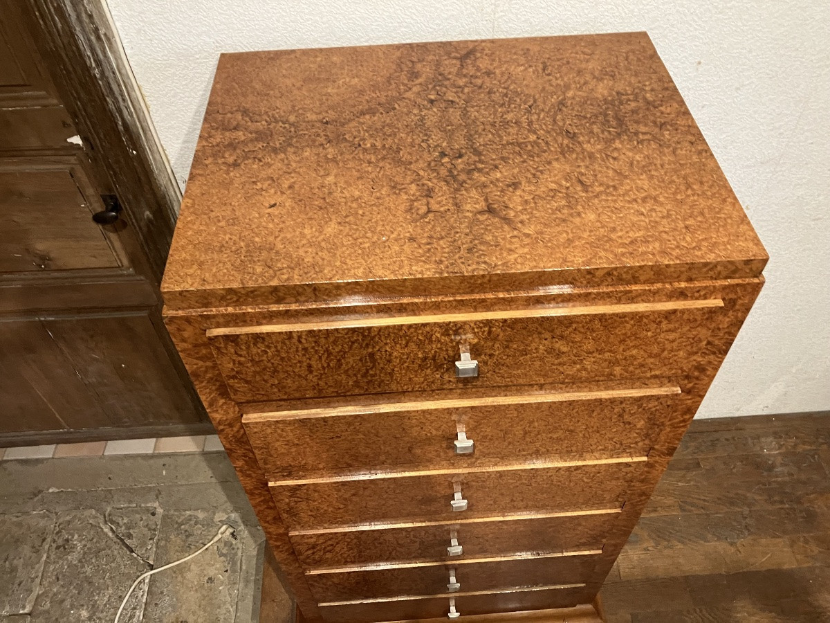 Petit Meuble Art Déco En Loupe D’amboine Commode à Porte Confiturier Buffet étroit Desserte -photo-4