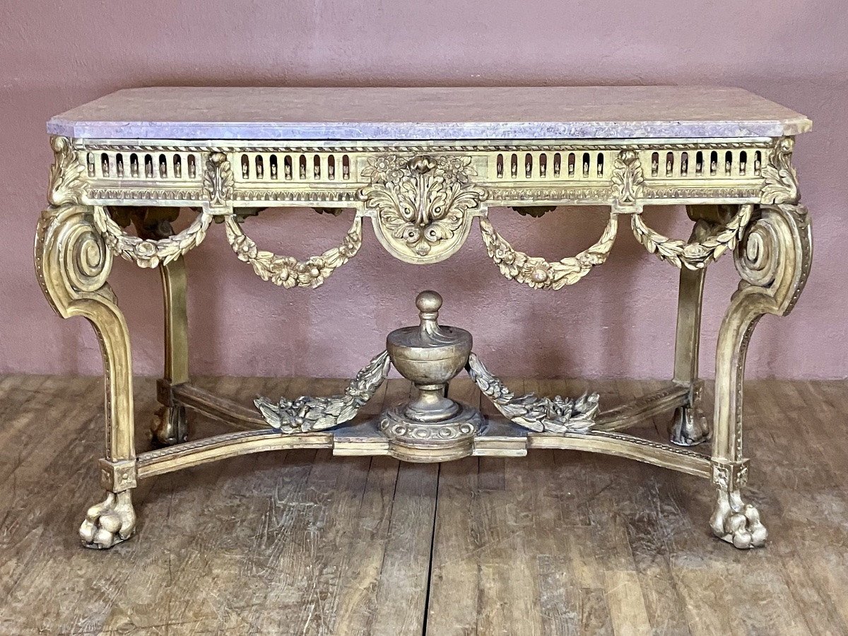 Important Game Table In Gilded Wood 152 Cm Marble Top Louis XVI Style 19th Century -photo-6