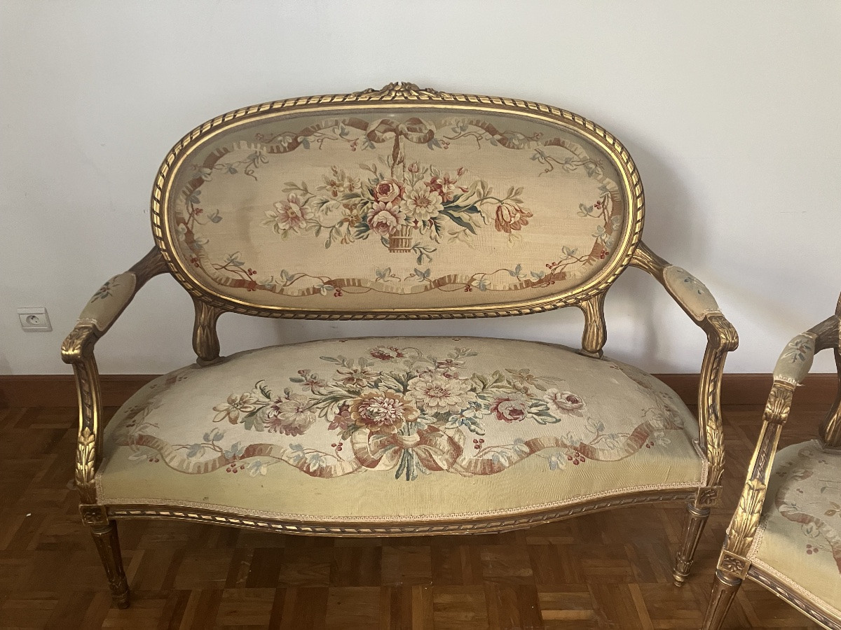 Salon bois doré Louis XVI tapisserie Aubusson Napoléon III-photo-3