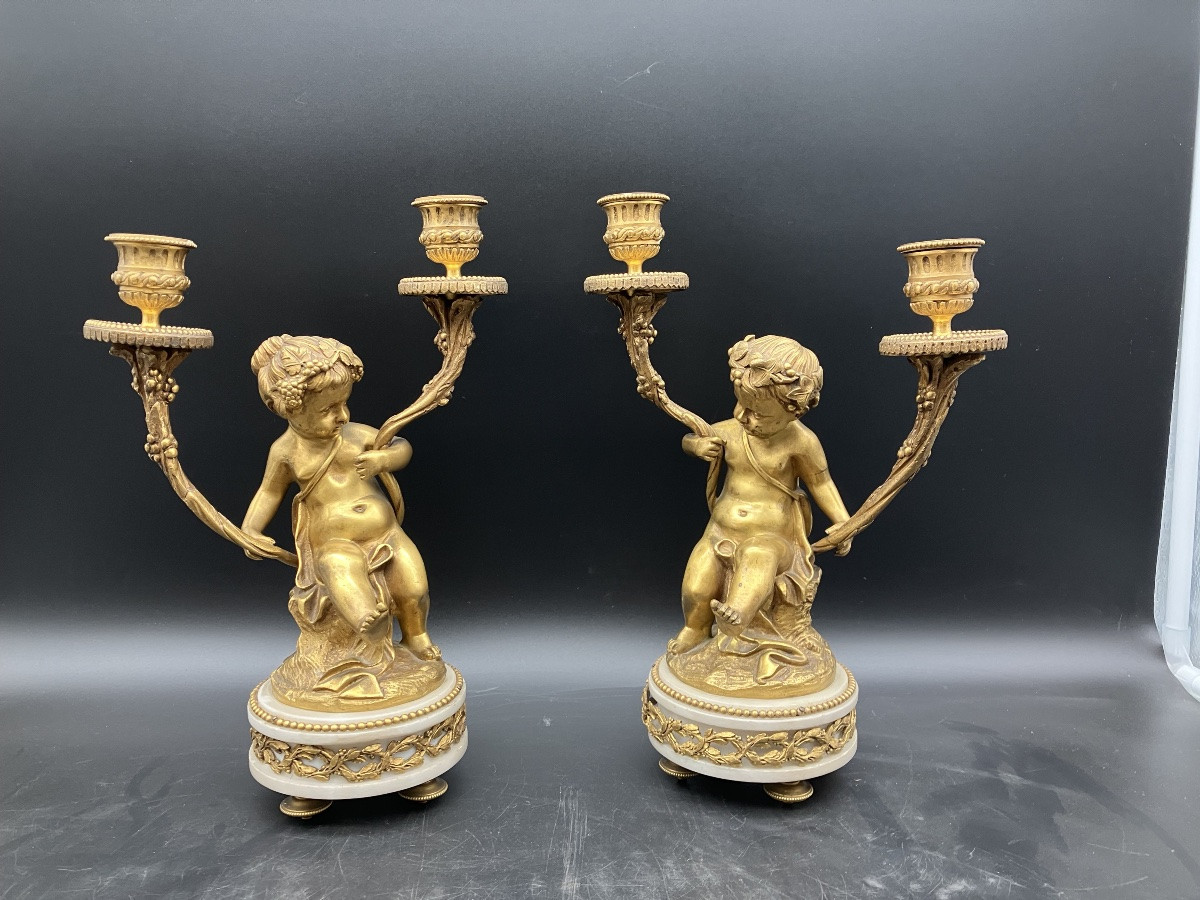 Clodion Garniture de cheminée Pendule + paire de candélabres Bronze doré Napoléon III CLODION -photo-3