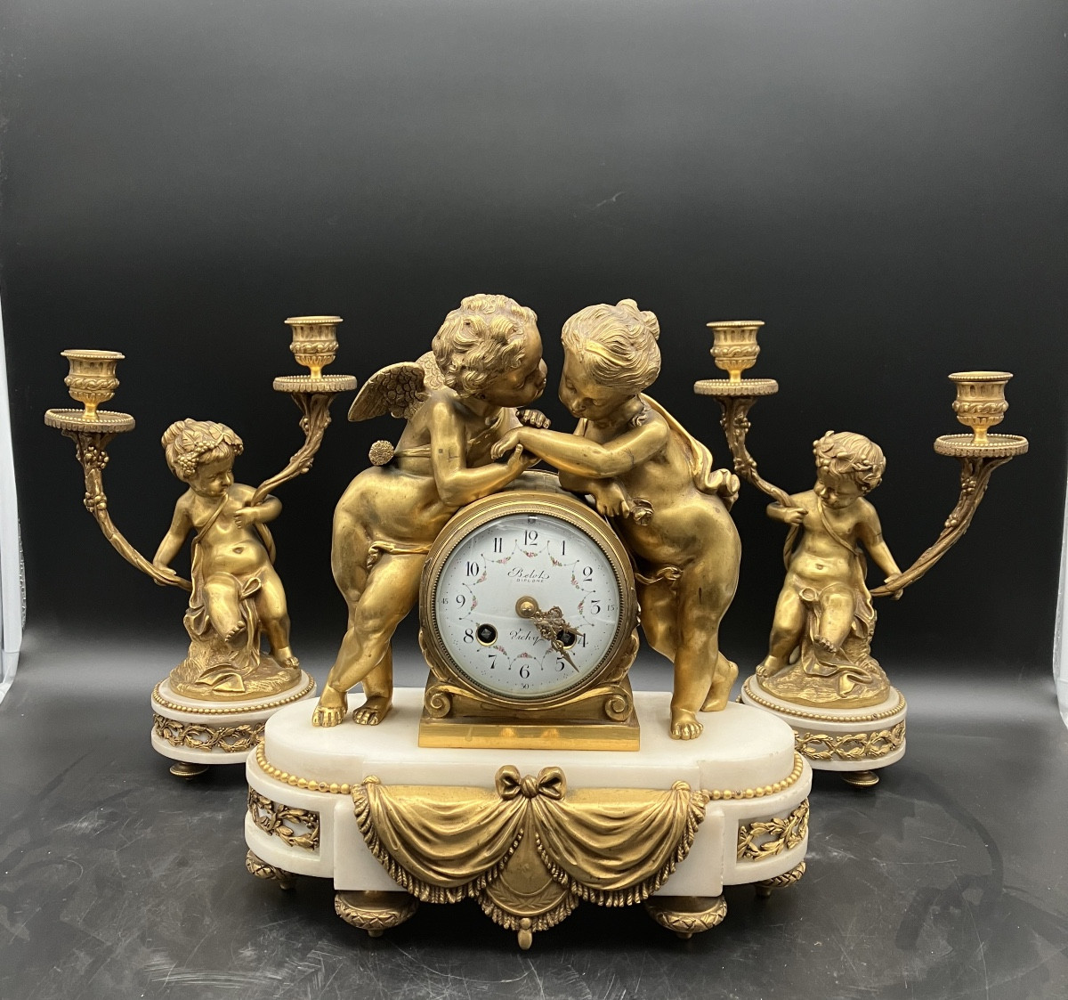 Clodion Garniture de cheminée Pendule + paire de candélabres Bronze doré Napoléon III CLODION 