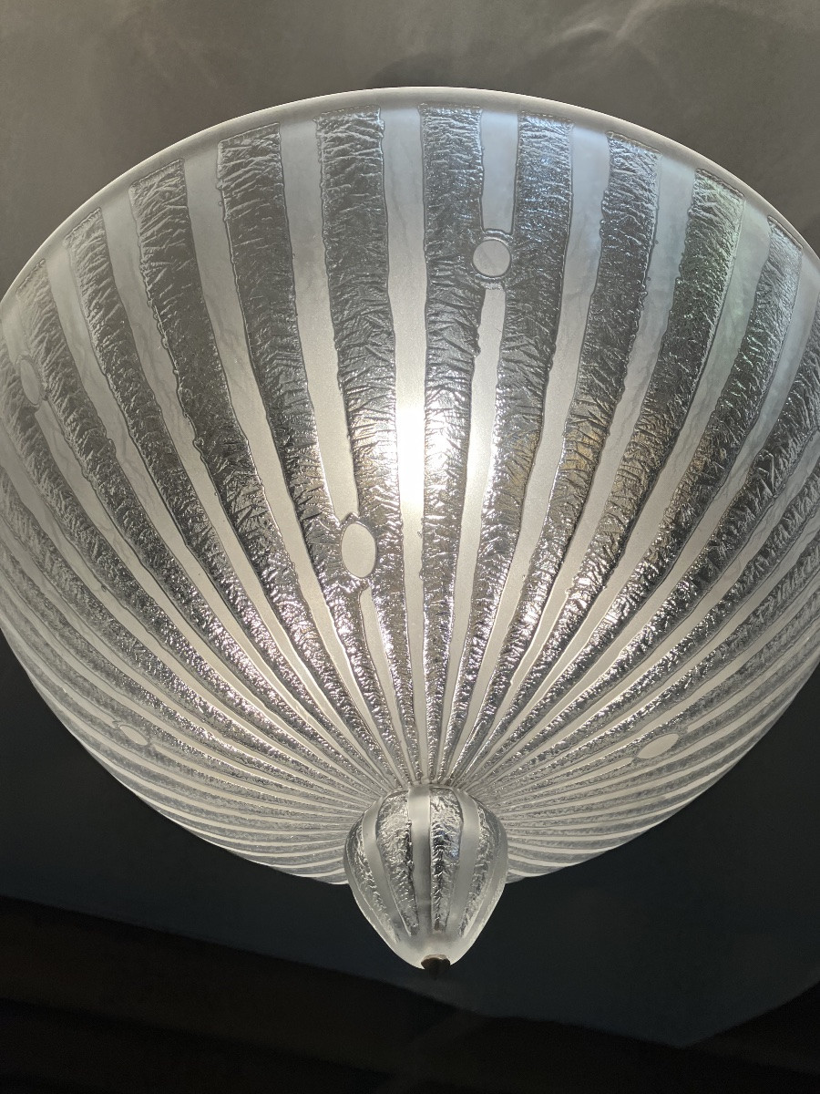 Daum lustre plafonnier art déco en verre gravé et givré -photo-5