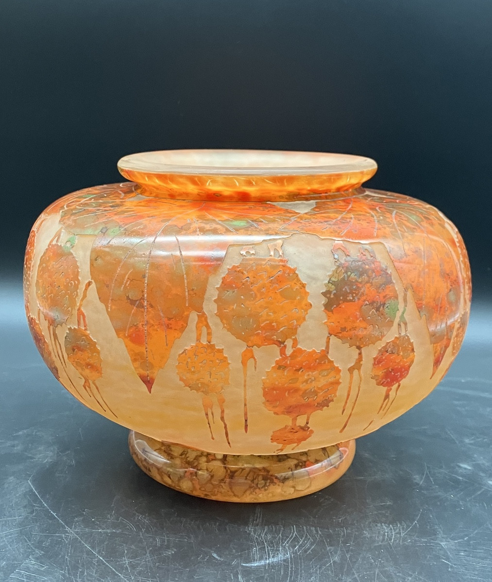 Charder Le Verre Français Large Art Deco Vase In Acid-etched And Enameled Glass 